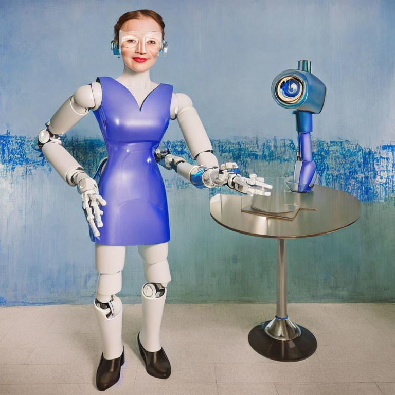 Blue-dressed humanoid robot with glasses next to robotic arm with blue eye sensor