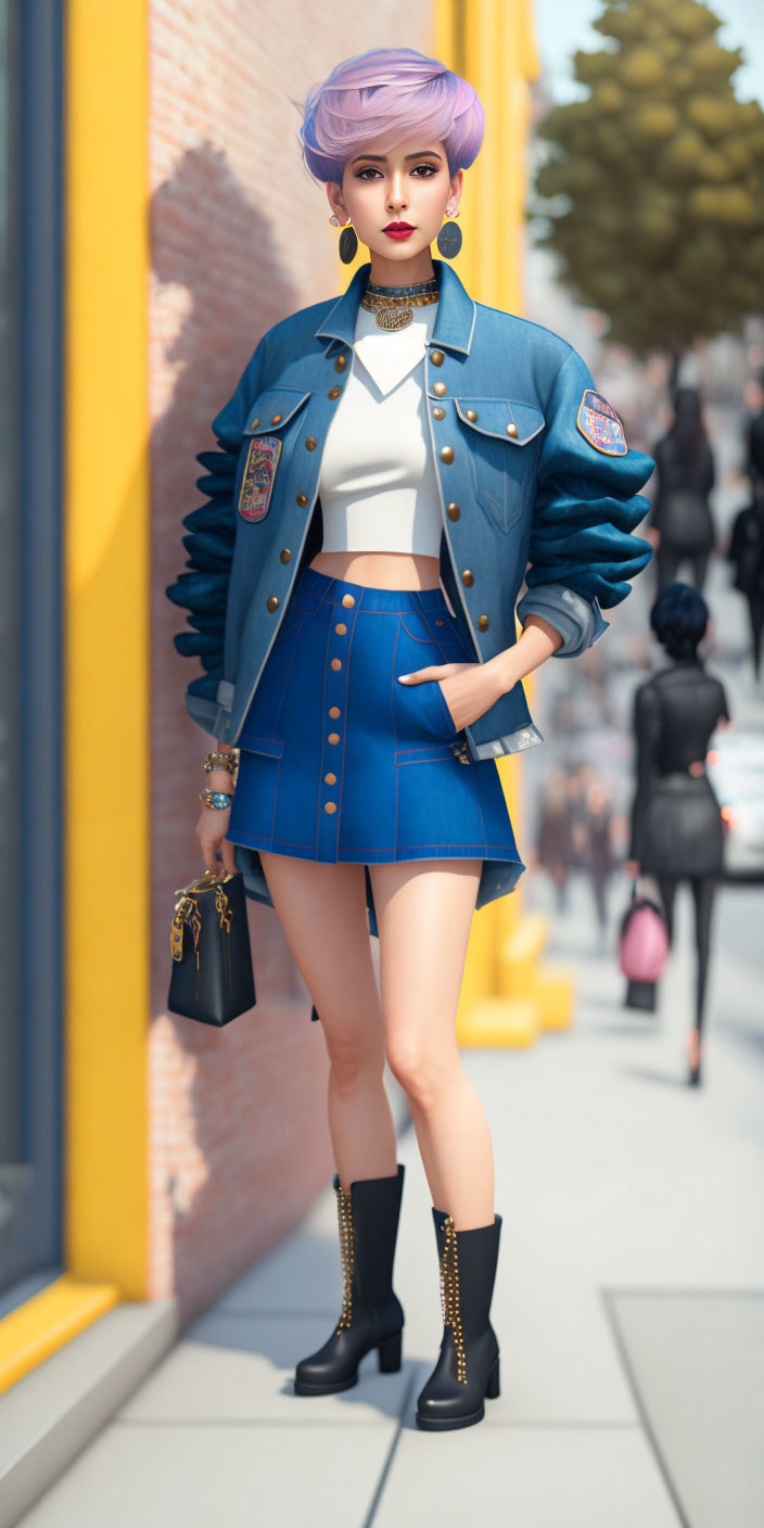 Stylized 3D rendering of woman with purple hair in blue outfit on city street