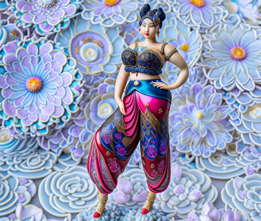 Colorful Woman Figurine in Traditional Attire with Floral Backdrop