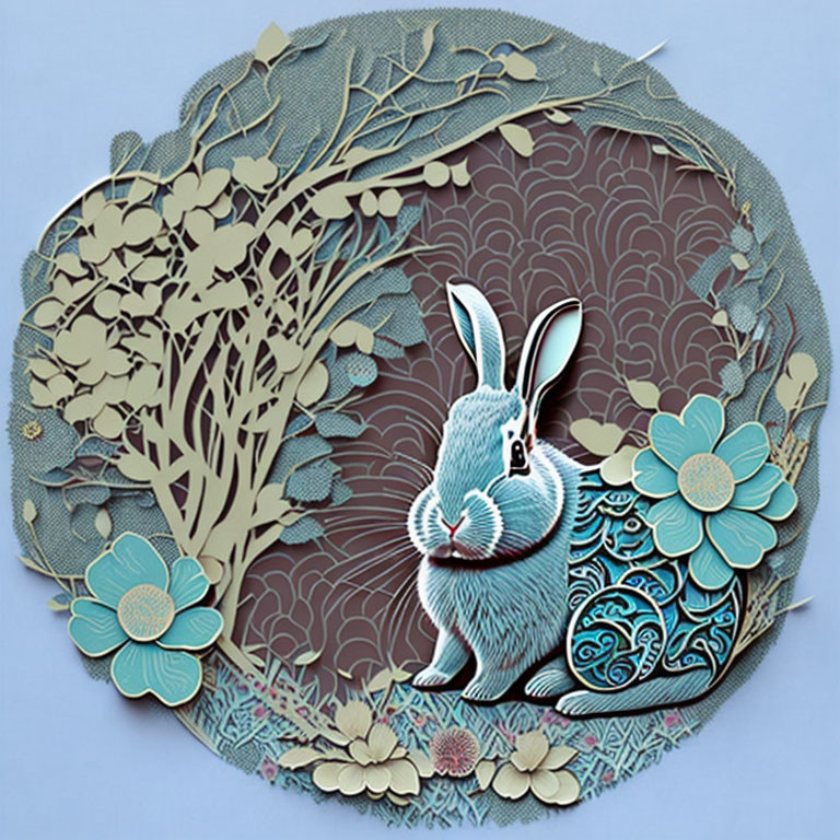 Circular Blue Patterned Paper Art with White Rabbit, Trees, and Flowers