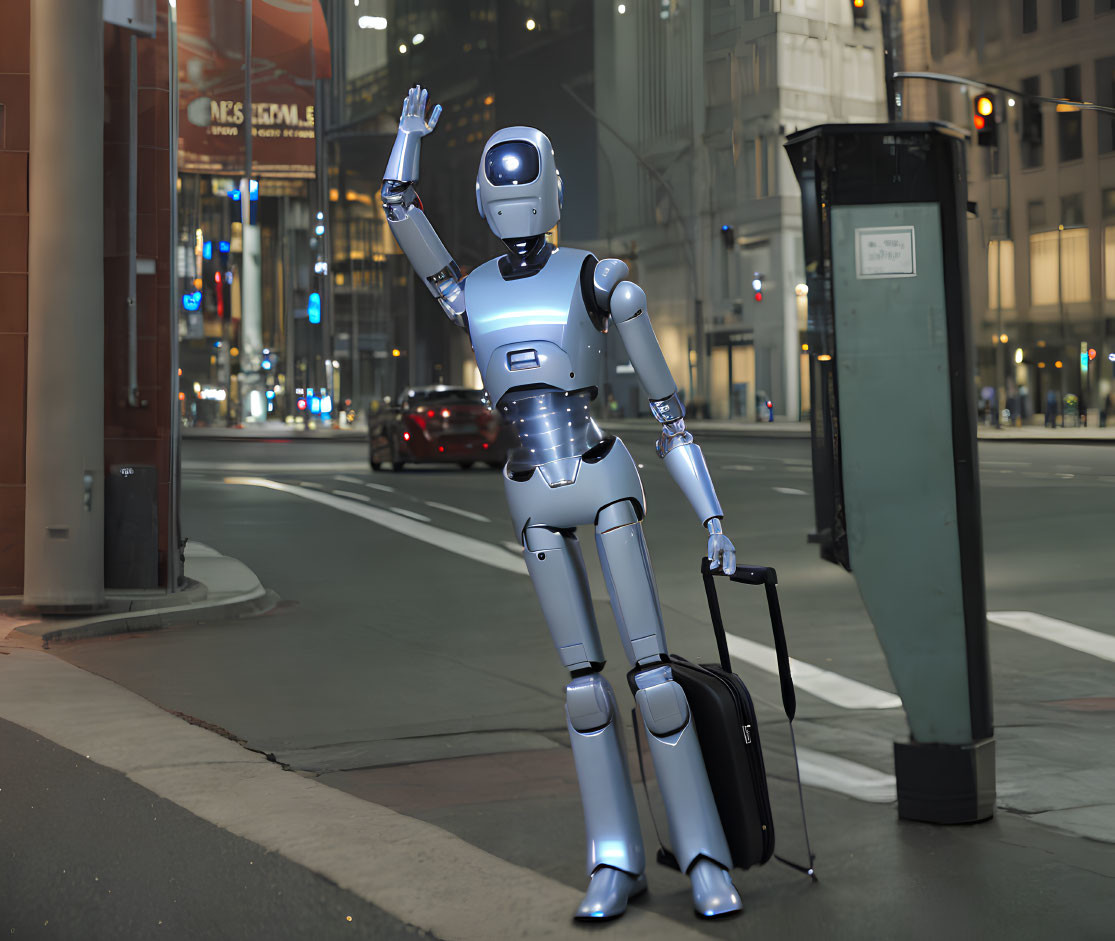 Humanoid robot waving on city sidewalk at dusk with suitcase, streetlights, towering buildings.