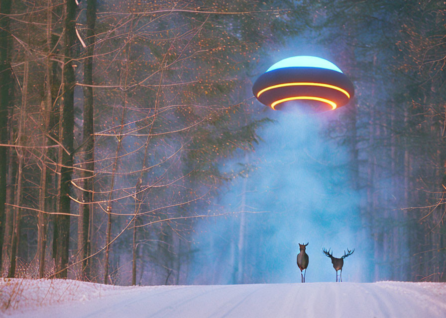 Unidentified Flying Object emitting blue light over snowy forest road.