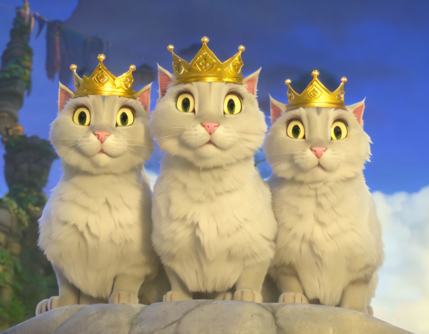 Three white cats with golden crowns sitting together animatedly