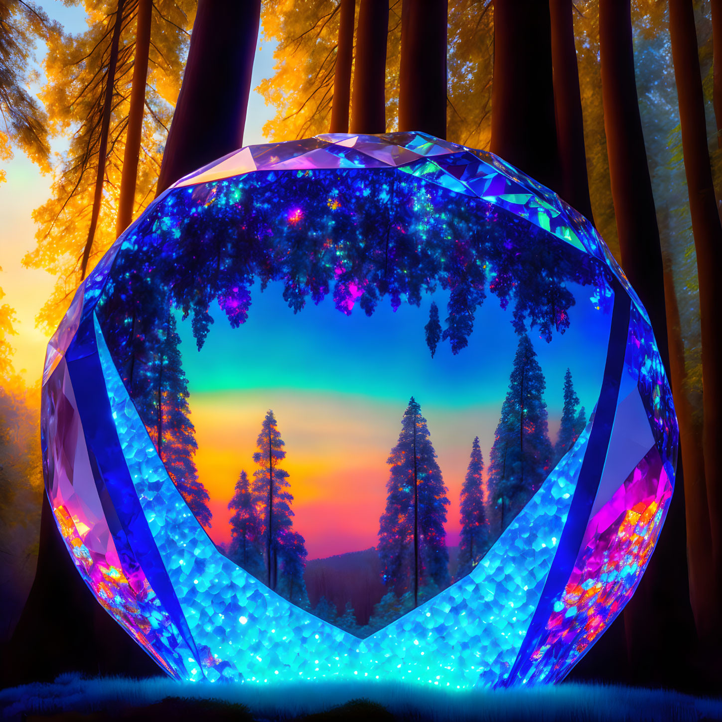 Gigantic Crystal Diamond in Forest at Sunset