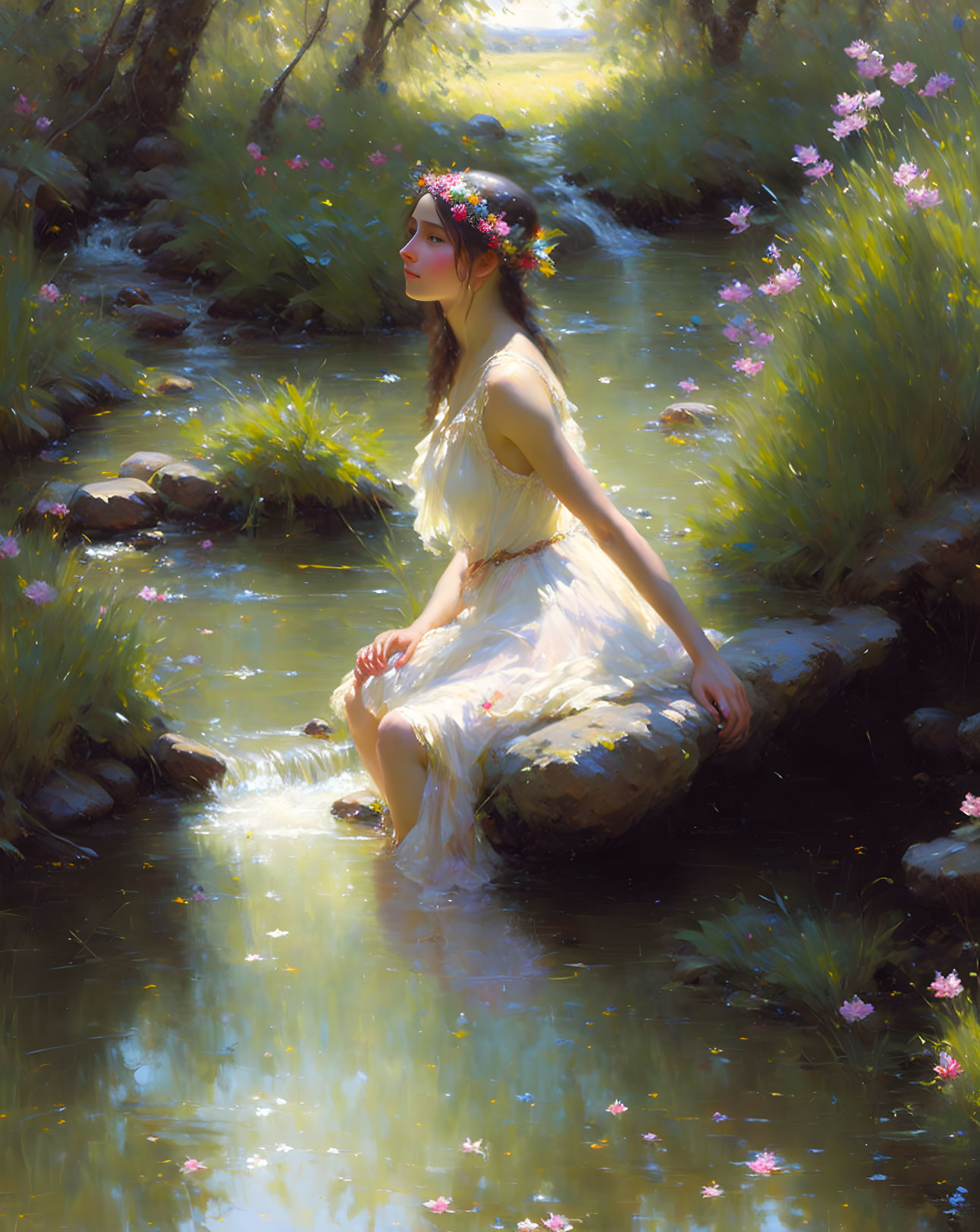 Woman in white dress with flower wreath sitting by stream in lush greenery