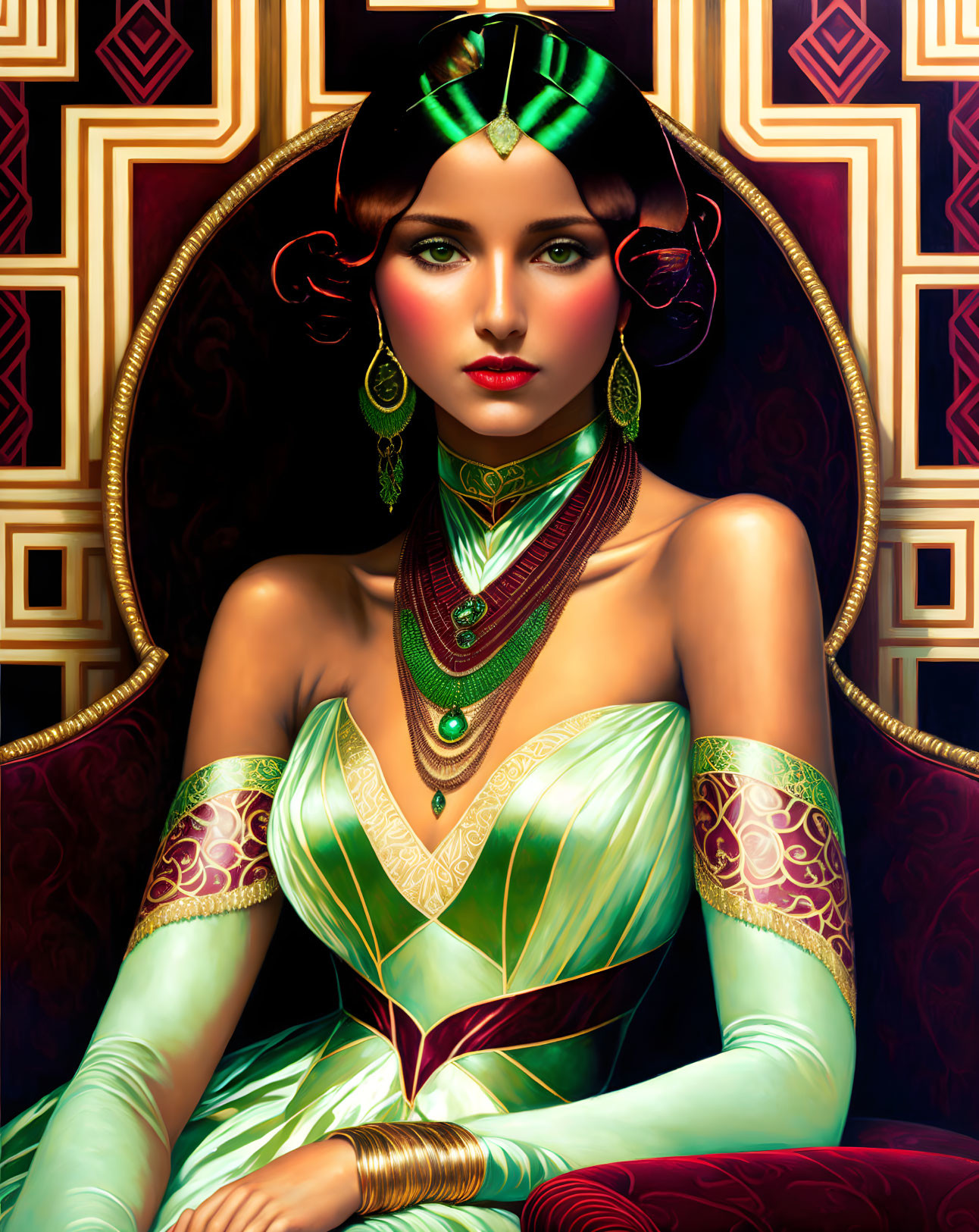 Art Deco-style illustration of woman with dark hair and green headband against geometric background