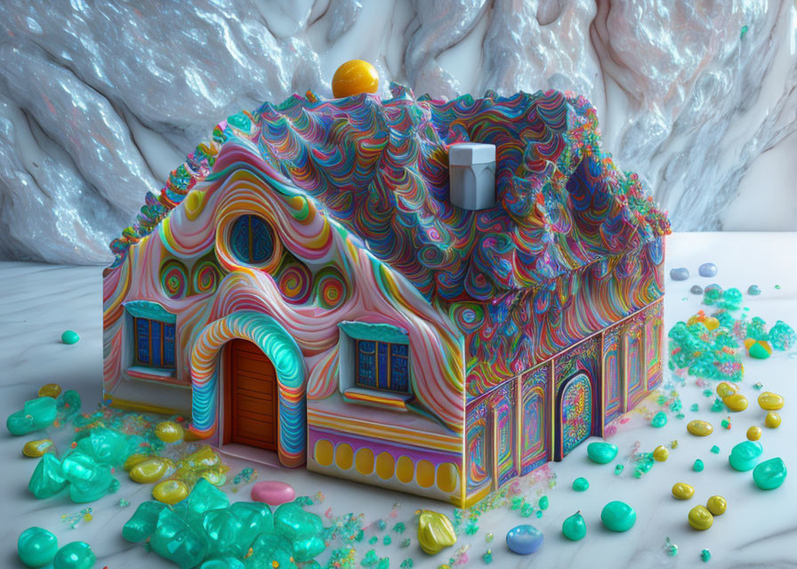 Colorful Whimsical House with Psychedelic Swirl Patterns