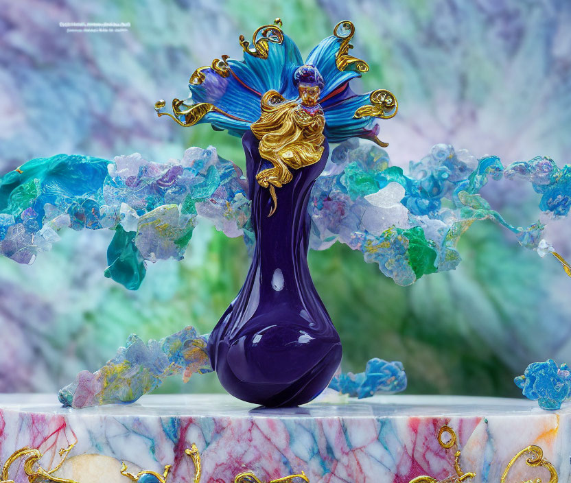 Blue and Gold Glass Flower Sculpture on Dark Purple Vase with Translucent Blue Glass Pieces