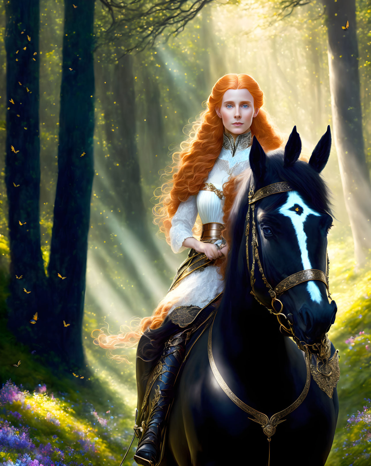 Red-haired woman in medieval attire rides black horse in sunlit forest