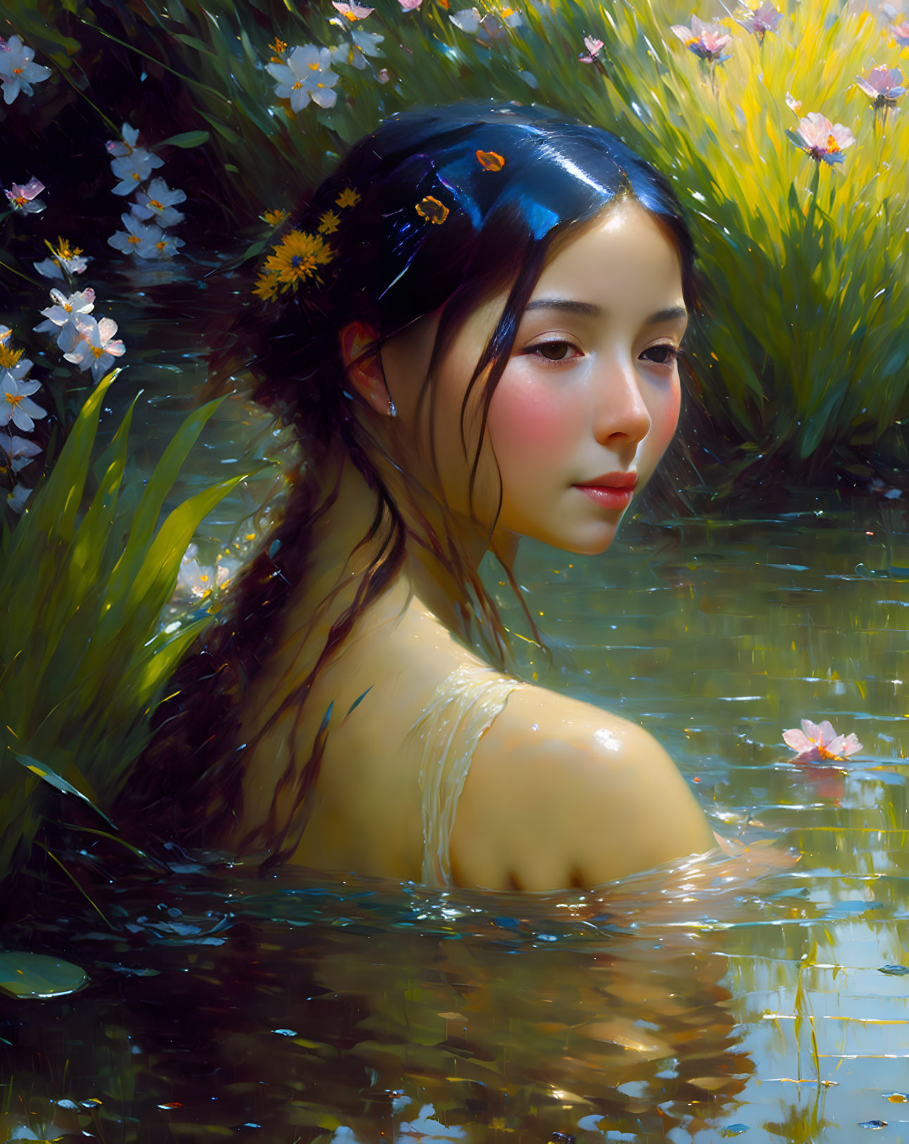 Dark-Haired Woman with Flowers in Water Surrounded by Greenery and Pink Blossoms