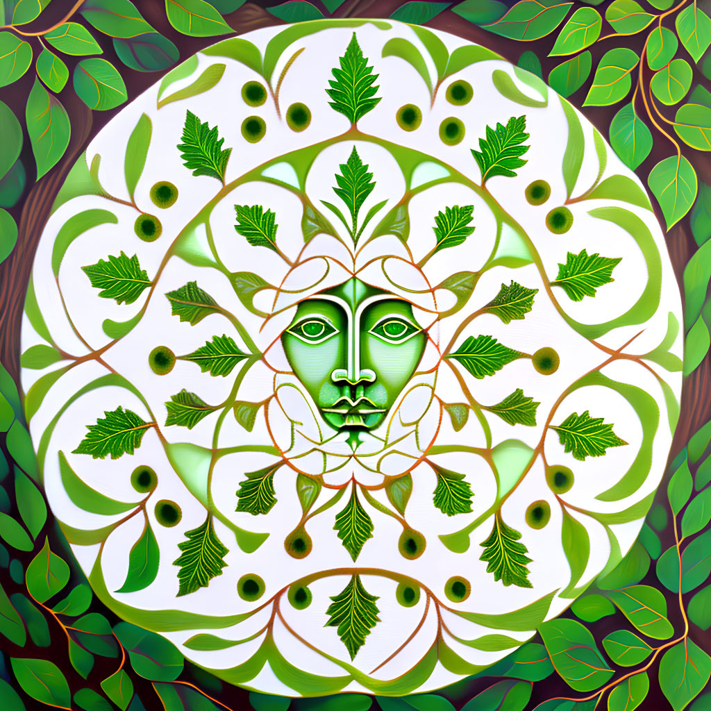 Symmetrical botanical artwork with green human-like face and swirling leaf patterns