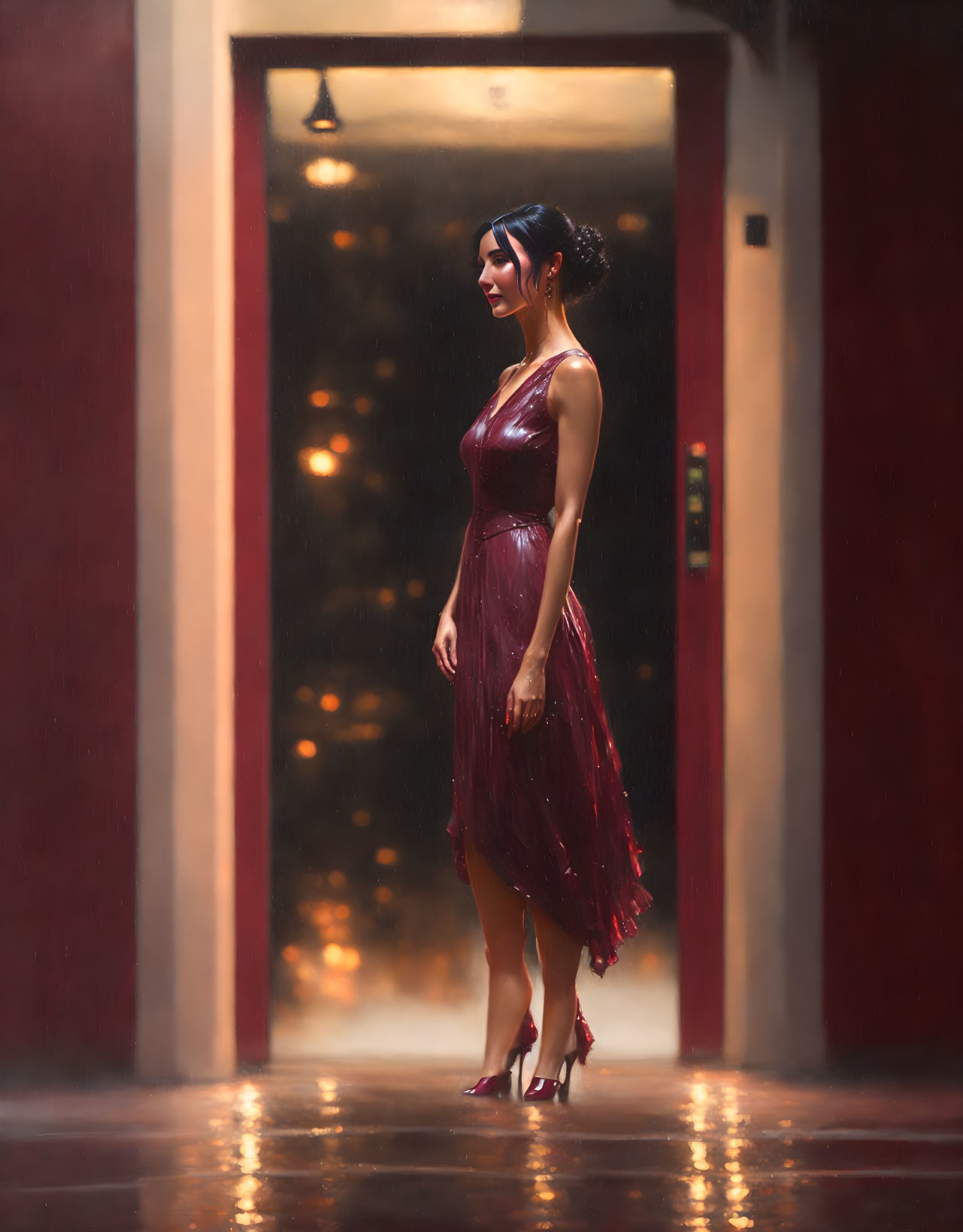 Woman in Red Dress Standing in Doorway with Rainy Reflections