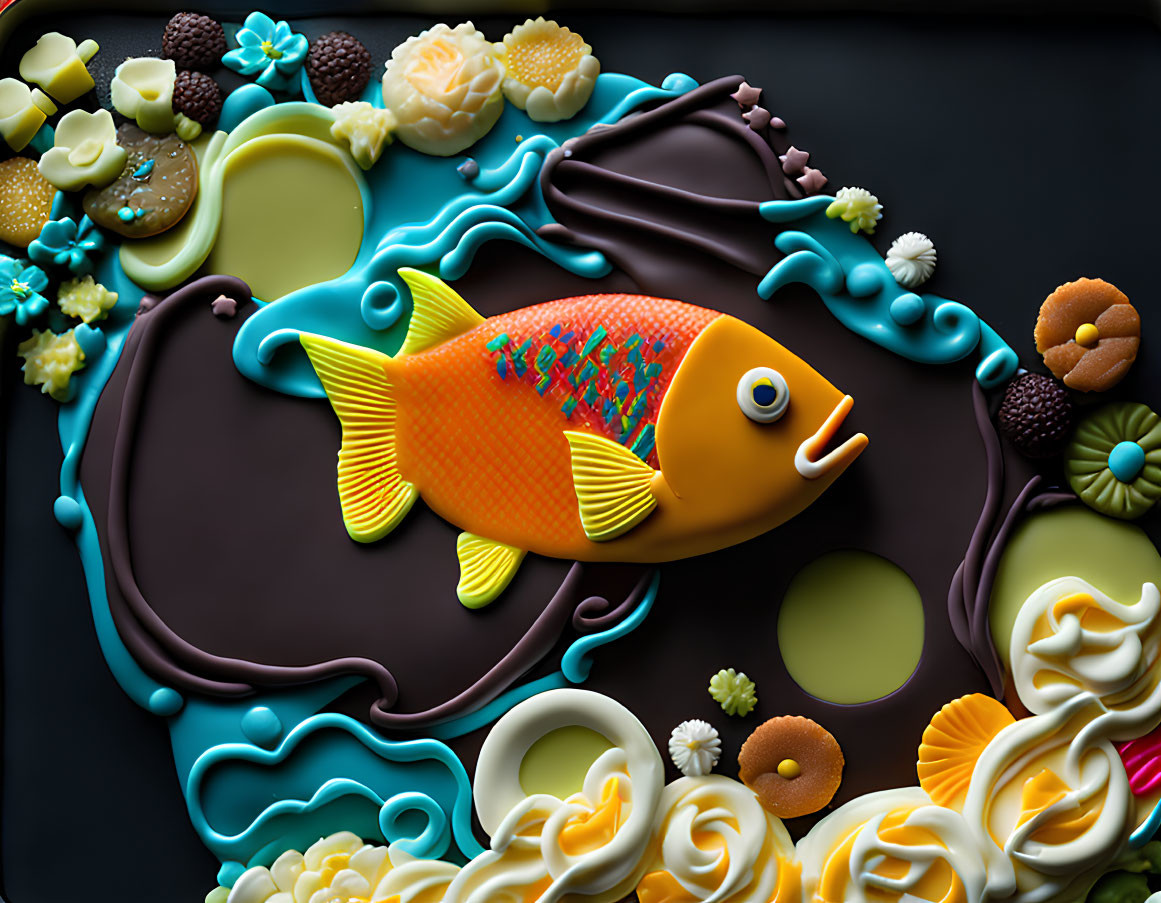 Colorful icing fish surrounded by edible shapes on dark base