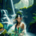 Ethereal woman with wreath in sunlit forest stream holding green gem