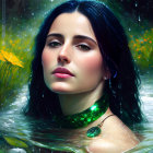 Dark-haired woman emerges from water surrounded by yellow flowers and falling droplets