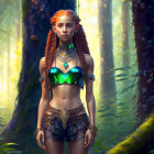 Red-haired woman in forest with turquoise top and brown shorts.