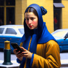 Modern reinterpretation of classic painting with young woman in blue headscarf and yellow coat absorbed in smartphone