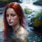 Red-Haired Woman Submerged in Water Surrounded by Nature and Blue Flowers