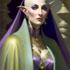 Elegant bald elven woman in purple dress with pointed ears