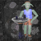 Fantasy green goblin in hat and outfit at control panel in cave environment