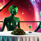 Green metallic humanoid robots with cosmic background and food table