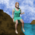 Woman in teal dress sitting on rocky outcrop by ocean waves