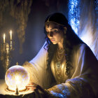 Woman in ornate attire with glowing crystal ball and candles in mystical setting