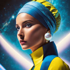 Illustrated portrait of woman in blue headwrap against cosmic backdrop