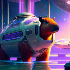 Capybara in sci-fi scene with space helmet and neon lights