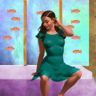 Woman in teal dress sitting by vibrant aquarium on pink bed