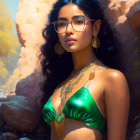 Woman in Green Bikini Top and Glasses Poses Against Rocky Backdrop