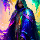 Vibrant iridescent armored figure in mystical setting