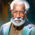 Elderly gentleman with white hair, mustache, glasses, light suit, and gold jewelry in