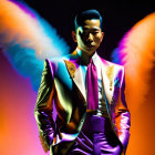 Person with metallic skin and angelic wings in vibrant suit on warm gradient background