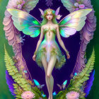 Fantasy illustration of a winged fairy in lush foliage with butterflies