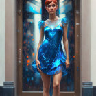 Confident woman with short red hair in blue feathered dress under ambient lighting