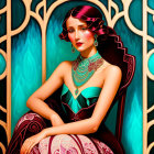 Stylized illustration of elegant woman in turquoise and ruby attire