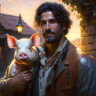 Man in leather jacket holding piglet under lantern at dusk