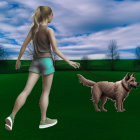 Girl with ponytail walking dog in grassy field