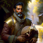 Bearded man holding armadillo by lantern-lit forest path