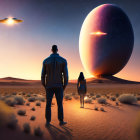 Silhouetted figures in desert observe giant planet and flying saucers