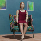 Stylish woman in burgundy dress on floral chair against blue wall