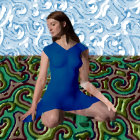 Woman in blue dress with tiger in vibrant meadow and fantastical background