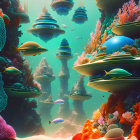 Colorful Coral, Fish, and Fantasy Jellyfish in Sunlit Underwater Scene