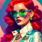 Vibrant red-haired woman in retro fashion against pink and blue backdrop