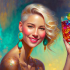 Blonde woman smiling with cocktail in colorful setting