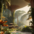 Ethereal forest with oversized mushrooms, lush vegetation, winding path, serene pool