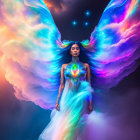 Woman with iridescent angel wings and colorful dress under celestial sky