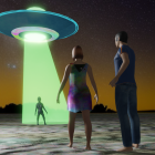 Two people under UFO light in desert at night