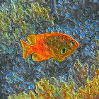 Intricate orange fish-shaped piece on textured gray and yellow background